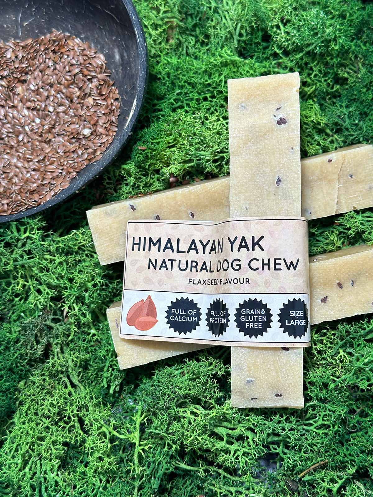 Flaxseed flavour Himalayan Yak Natural Dog Chew packaging on a green moss background