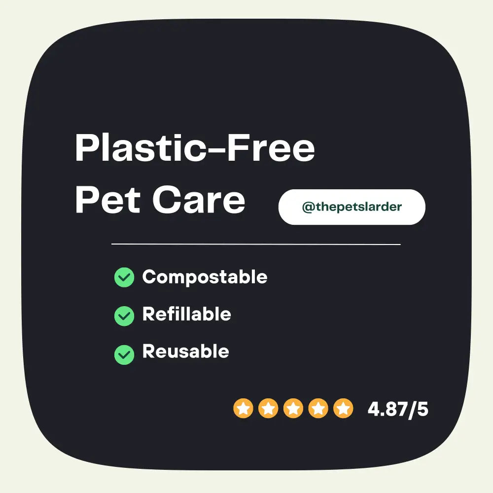 Promotional graphic for 'Plastic-Free Pet Care' with compostable, refillable, and reusable features on a black background.