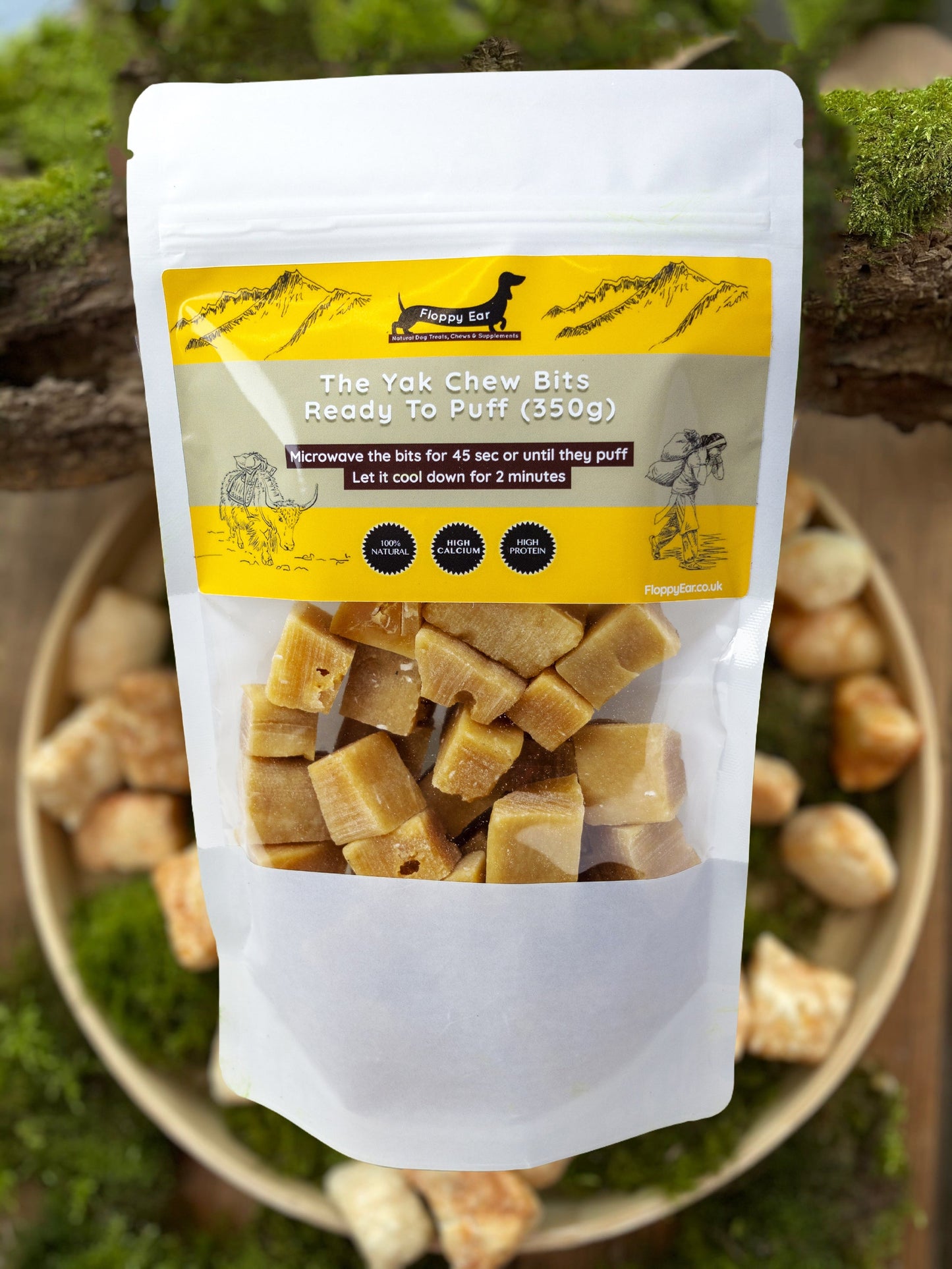 Packaged dog treats with a natural background