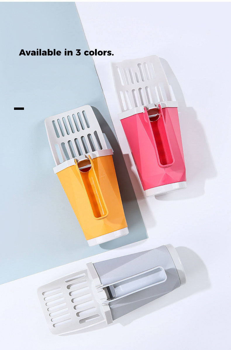 Three colourful Cat Litter Scoops on a light blue background with text indicating colour availability.