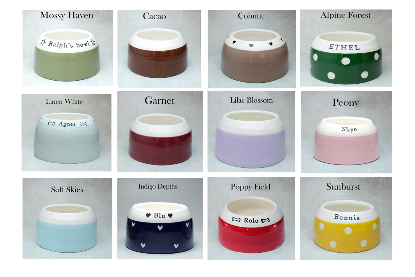 Collection of ceramic pet bowls in various colors with names engraved on them.