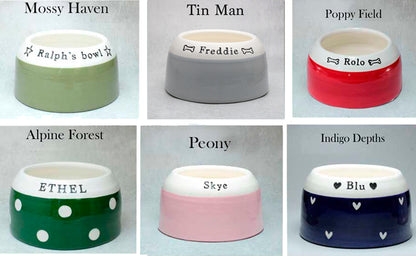 Set of six ceramic pet bowls with personalized names on a white background