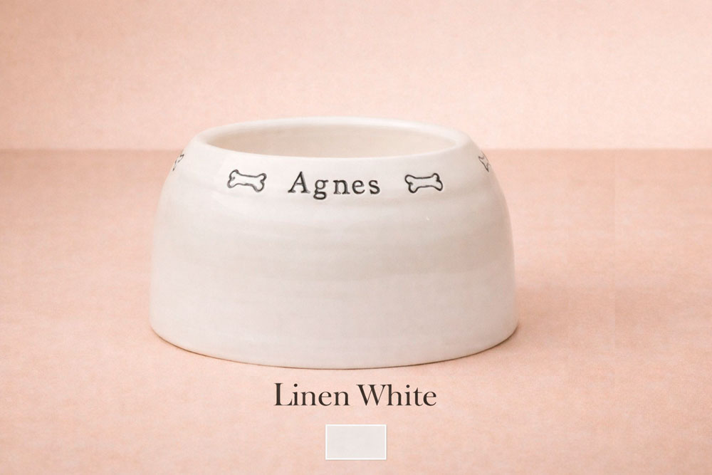 White ceramic pet bowl with 'Agnes' engraved on a pink background