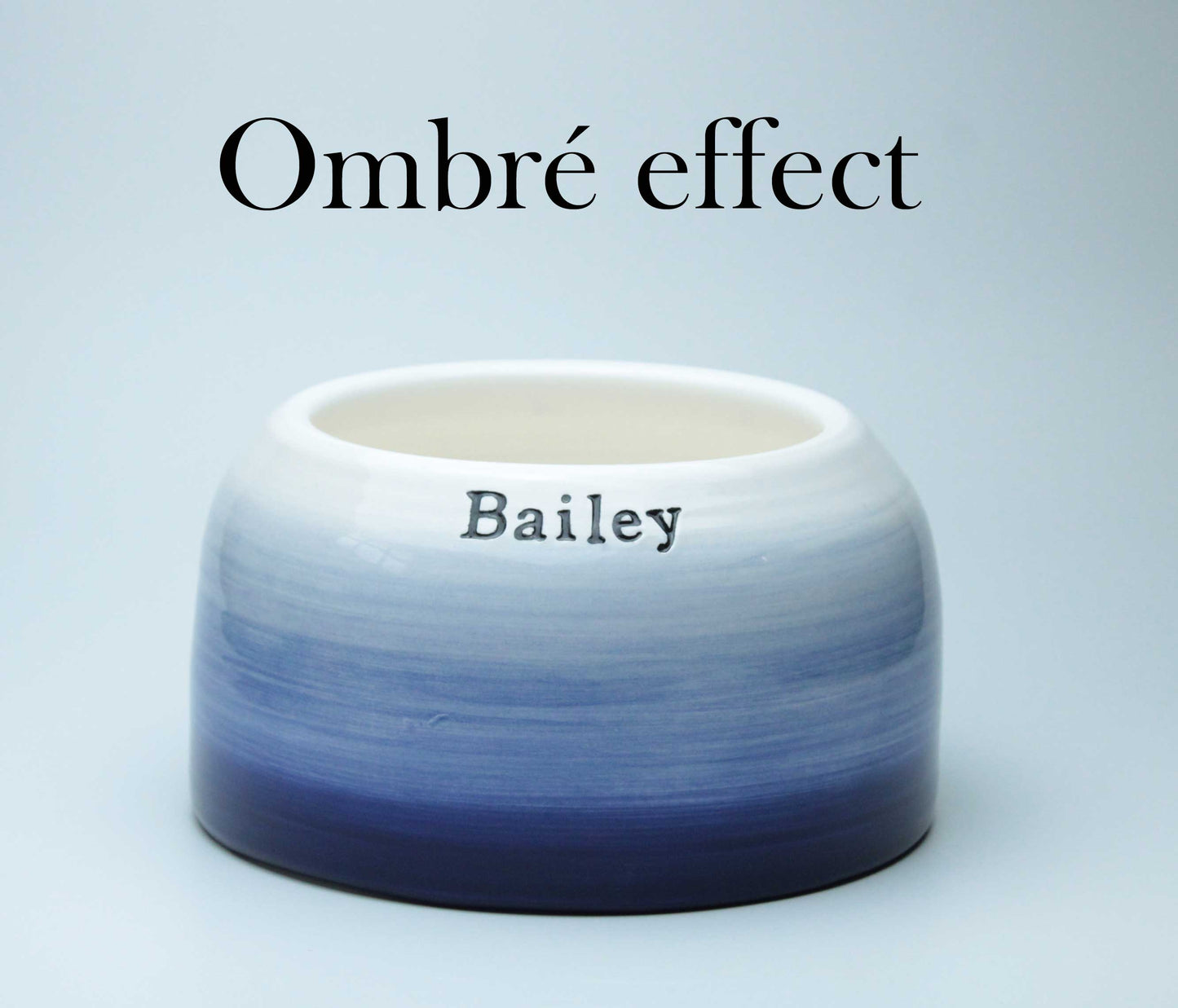 Ceramic bowl with ombre effect and 'Bailey' branding on a light blue background