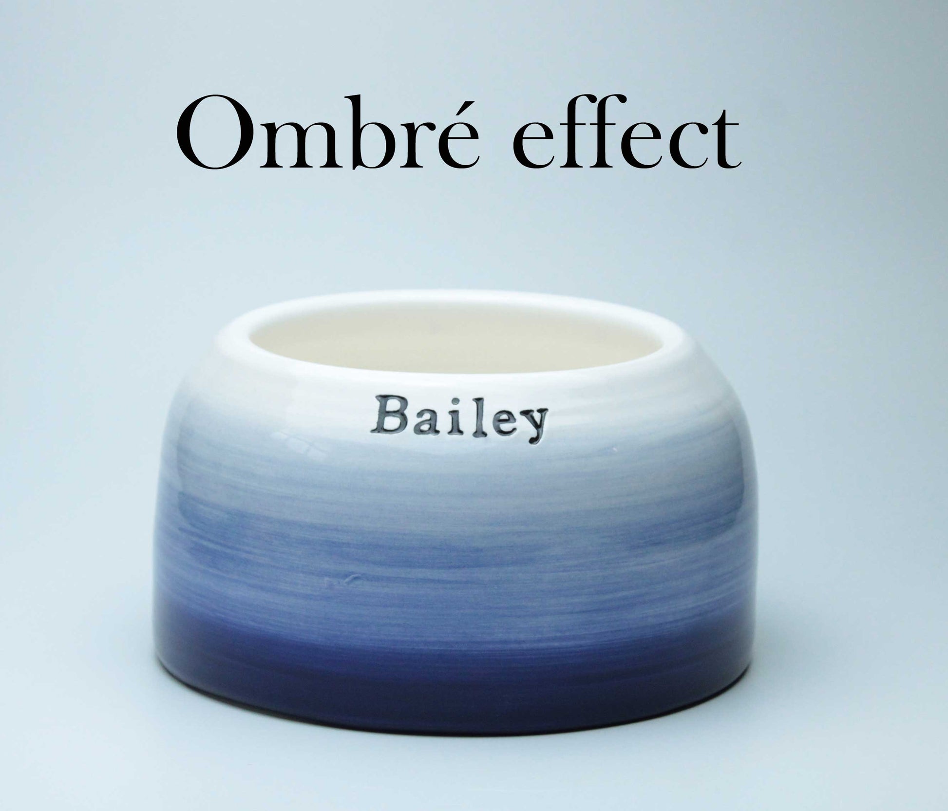 Ceramic bowl with ombre effect and 'Bailey' branding on a light blue background