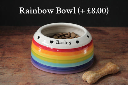 Rainbow striped pet bowl with 'Bailey' engraved, on a wooden surface with a dark background.