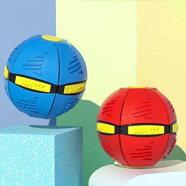 Two colorful balls, one blue and one red, on a geometric background
