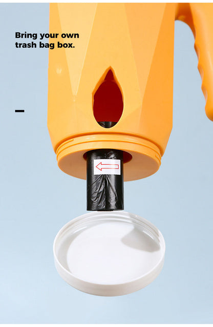 Orange trash bag dispenser with a black trash bag on a light blue background