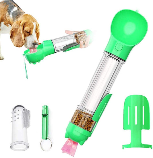 Green pet feeding and water bottle with accessories on a white background