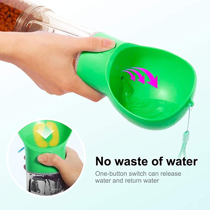 Green pet water bottle with a one-button switch for water release on a white background