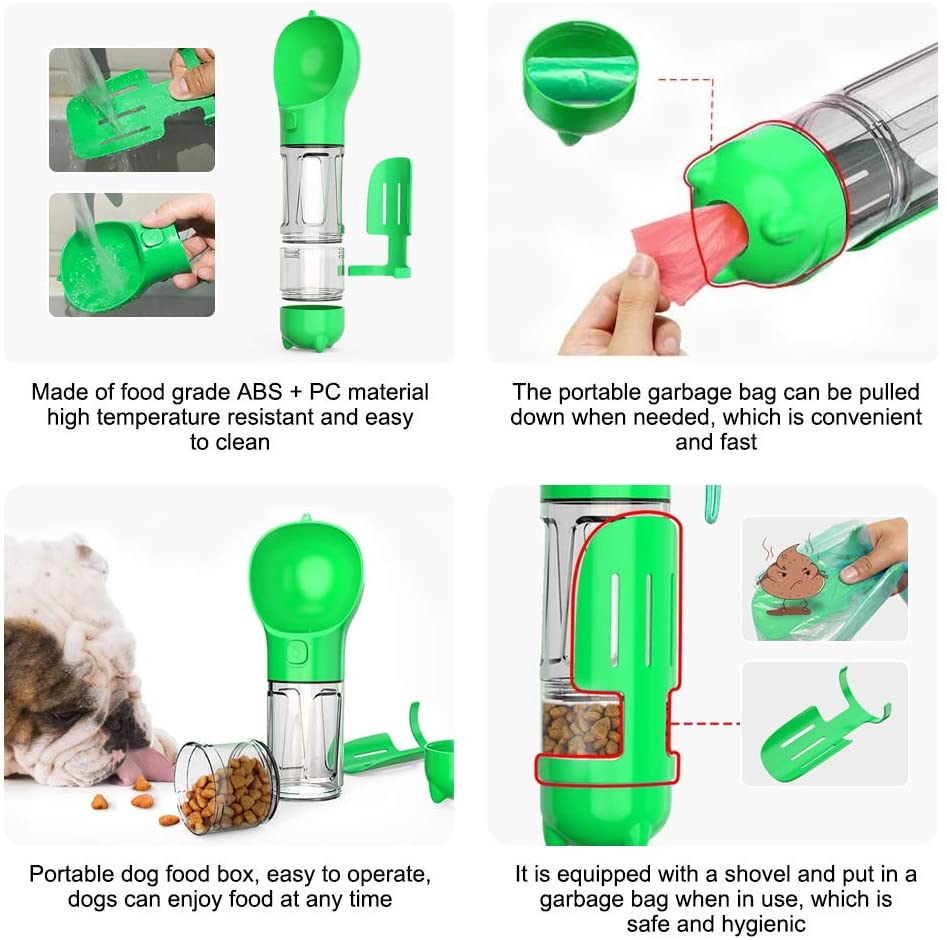 Green portable dog feeding and waste management system with text descriptions on a white background.