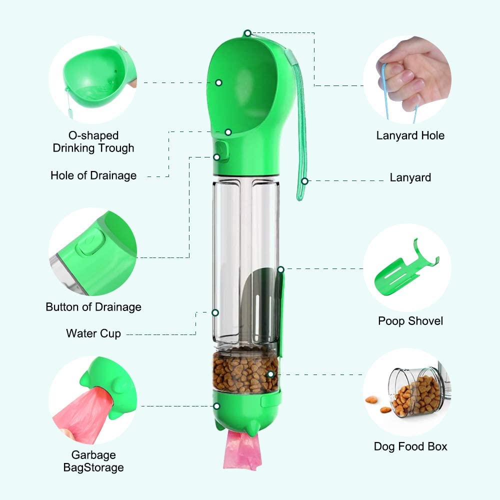 Green pet travel feeder with various components labeled on a white background