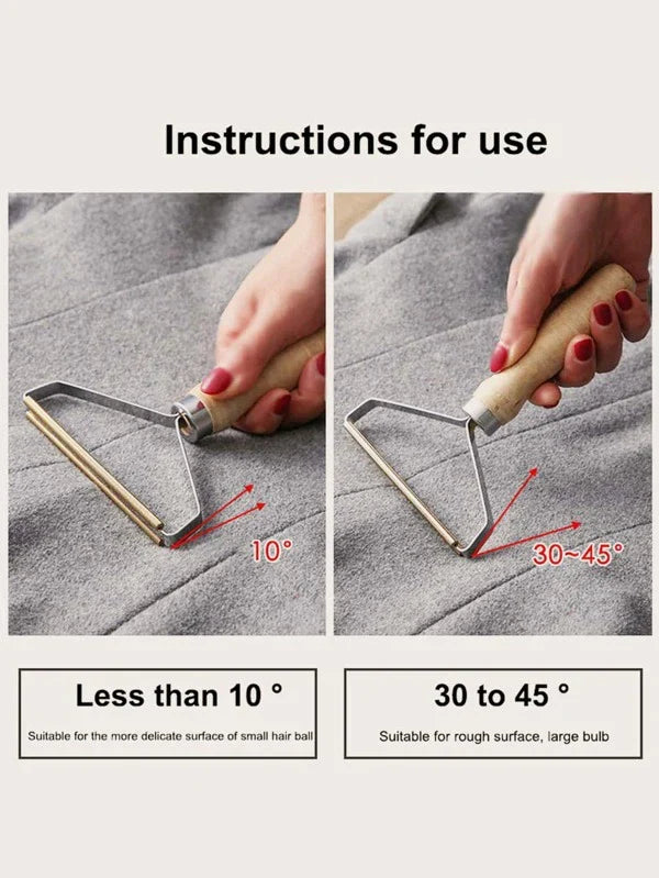 Instructions for using a pet hair removal tool with a hand holding it on a gray fabric background
