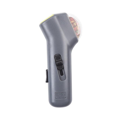 Gray pet treat launcher with a switch on a white background