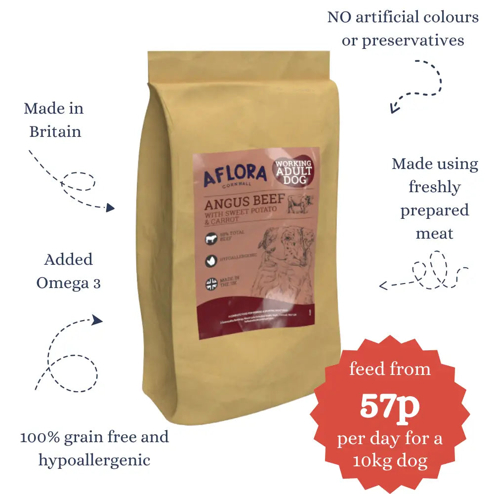 Dog food package with branding and product details on a white background