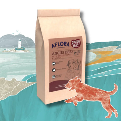Aflora Angus Beef dog food package with a scenic background