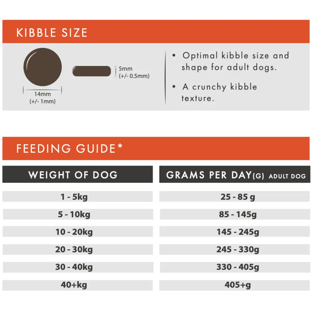 Feeding guide for dogs with kibble size information and recommended daily grams per day.