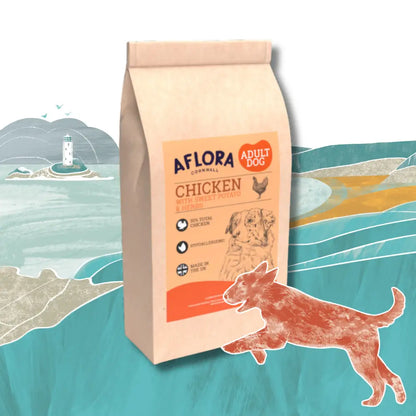 Aflora Adult Dog food package with a scenic background