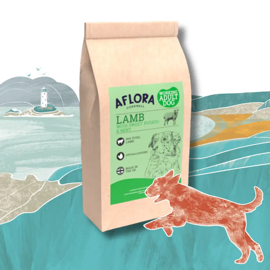 Aflora dog food package with a scenic background