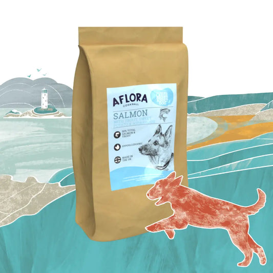 Aflora salmon dog food package with a scenic background
