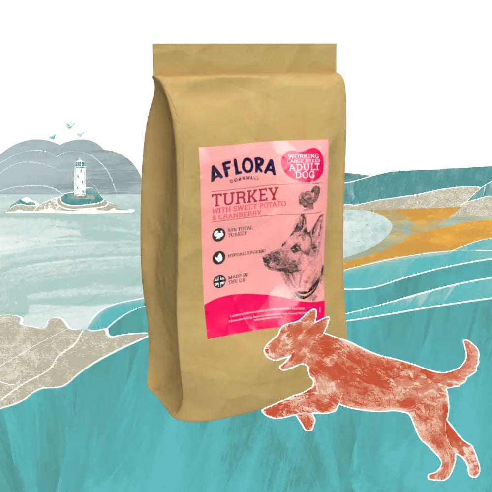 Aflora dog food package with a scenic background