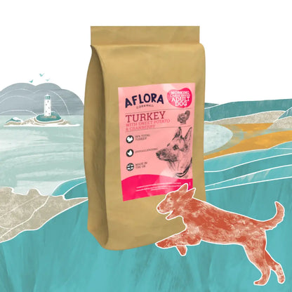 Aflora dog food package with a scenic background