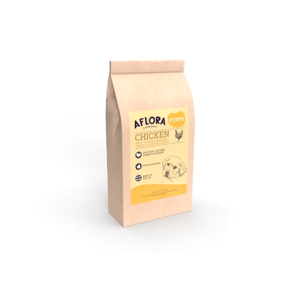 Aflora Puppy chicken dog food packaging on a white background