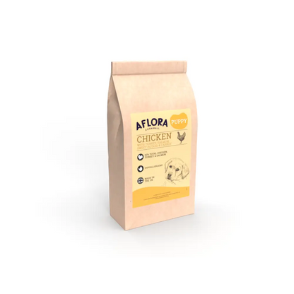 Aflora Puppy chicken dog food packaging on a white background