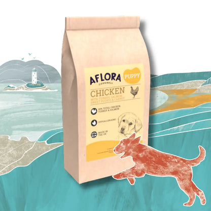 Aflora Puppy chicken dog food package with a scenic background