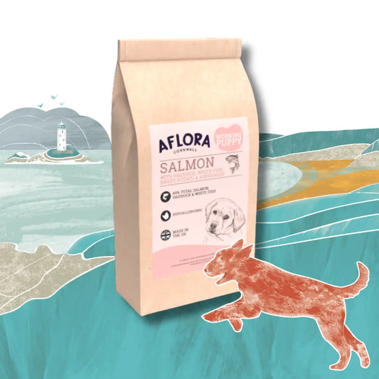 Aflora Cornish puppy salmon dog food package with a scenic background