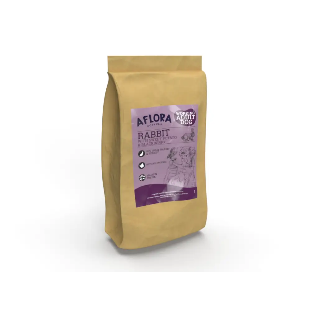 Dog food package with purple label on a white background