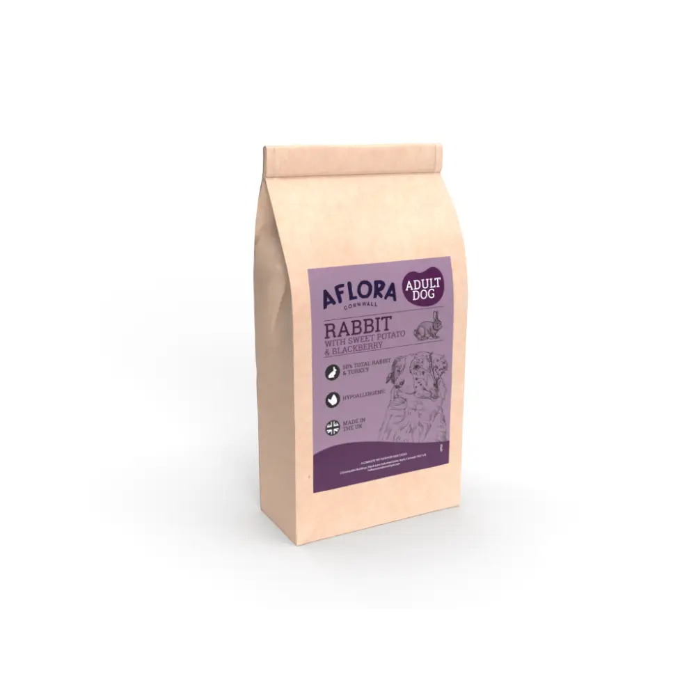Dog food package with purple label on a white background