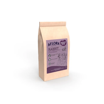 Dog food package with purple label on a white background