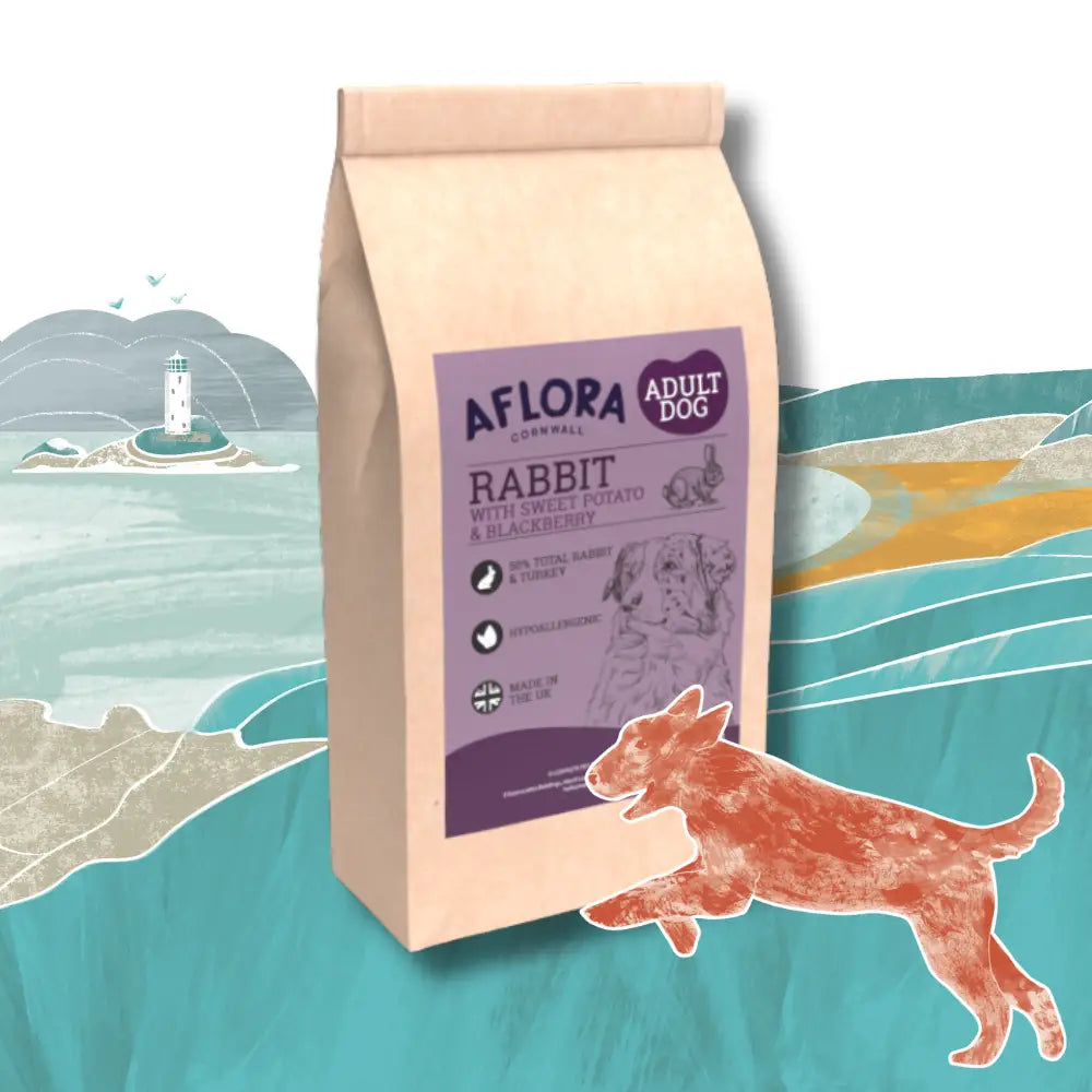Aflora Adult Dog Rabbit food package with a scenic background