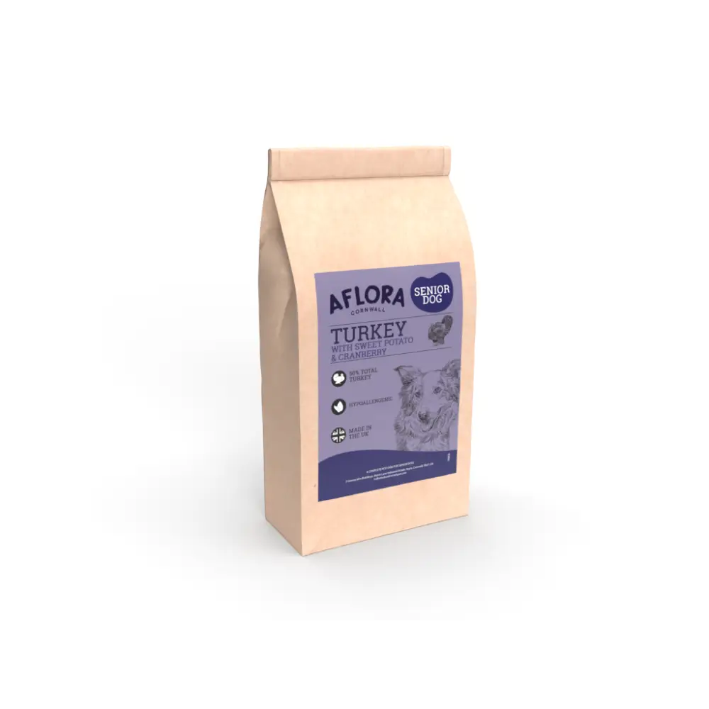 Dog food package labeled 'Aflora Senior Dog' on a white background