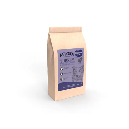 Dog food package labeled 'Aflora Senior Dog' on a white background