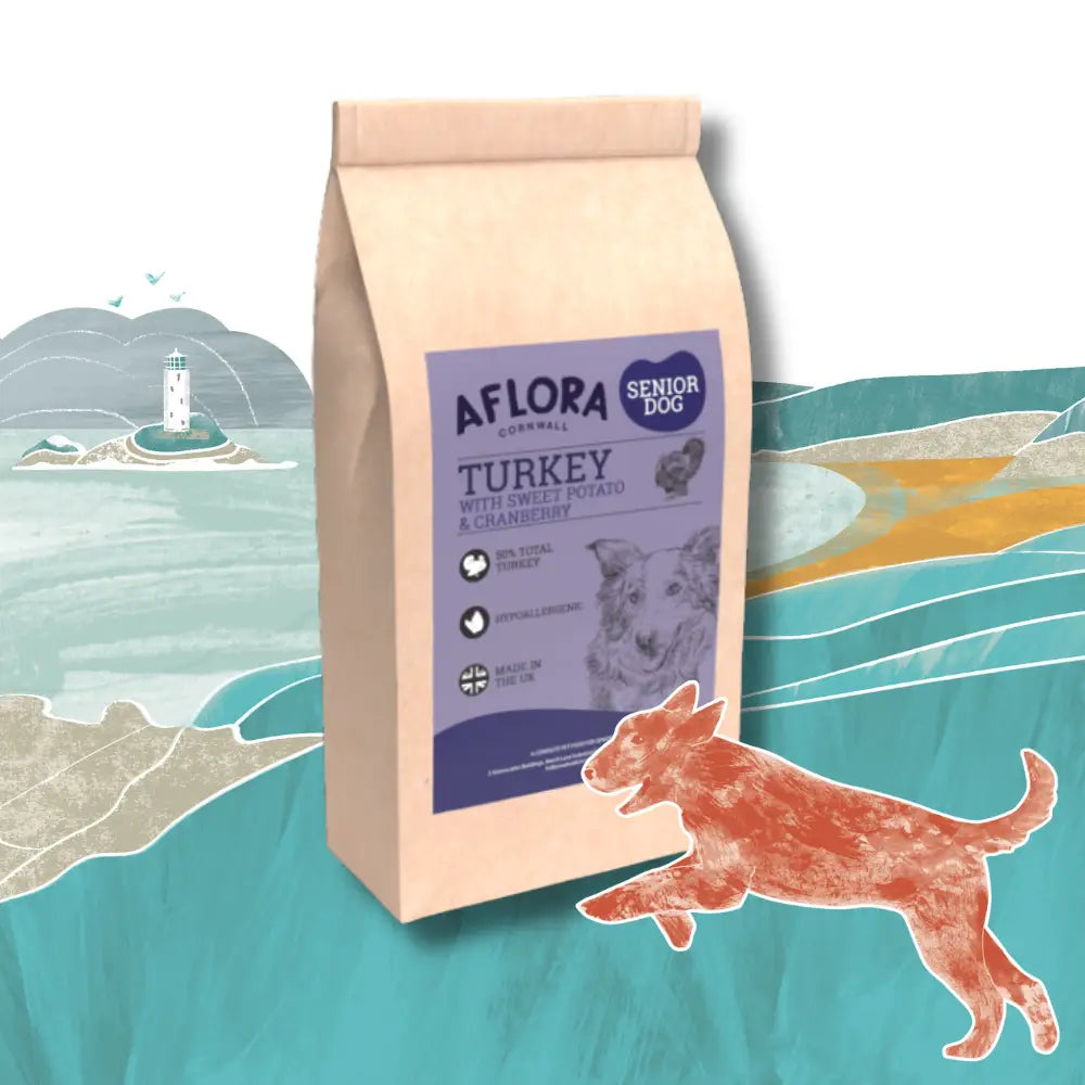 AFlora Senior Dog food package with a scenic background