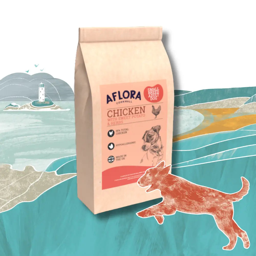 Aflora chicken dog food package with a scenic background