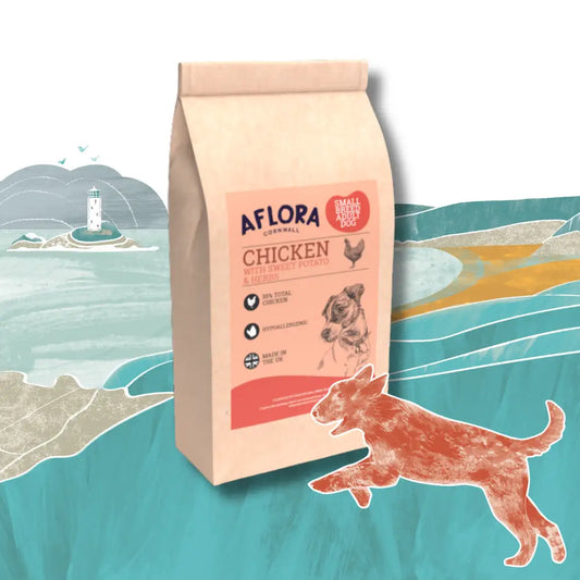 Aflora chicken dog food package with a scenic background
