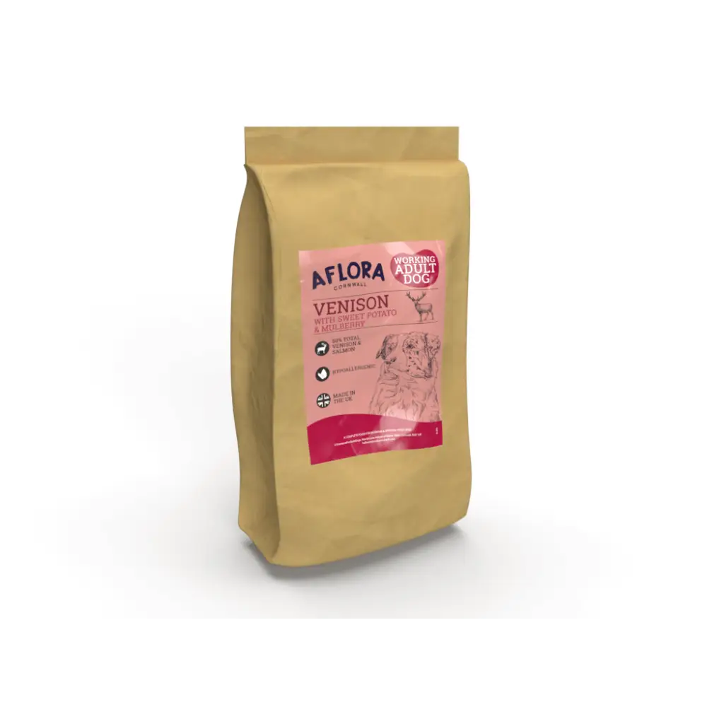 Dog food package with pink label on a white background