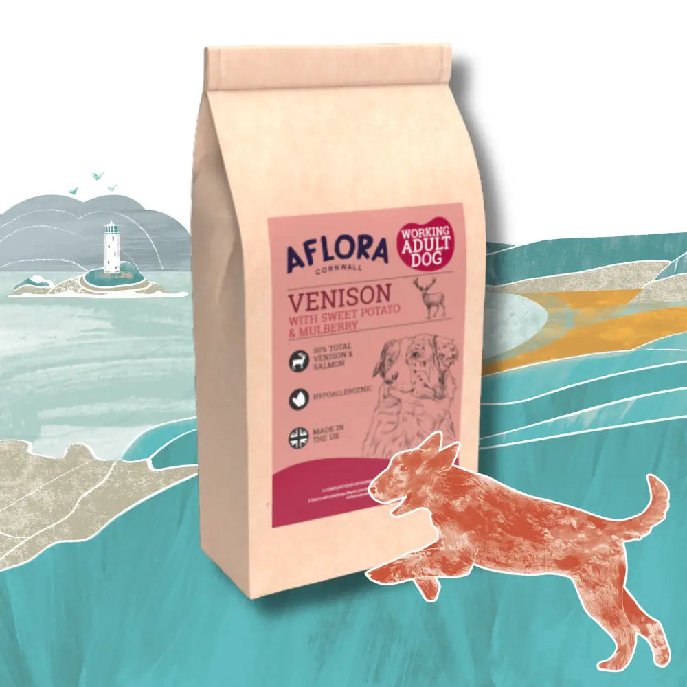 Aflora Venison dog food package with a scenic background