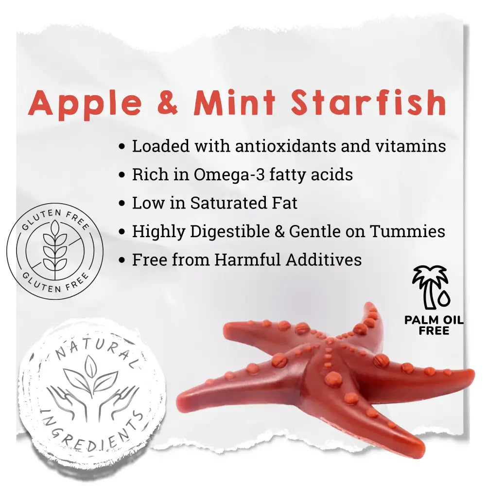 Red starfish with health benefits text on a white background