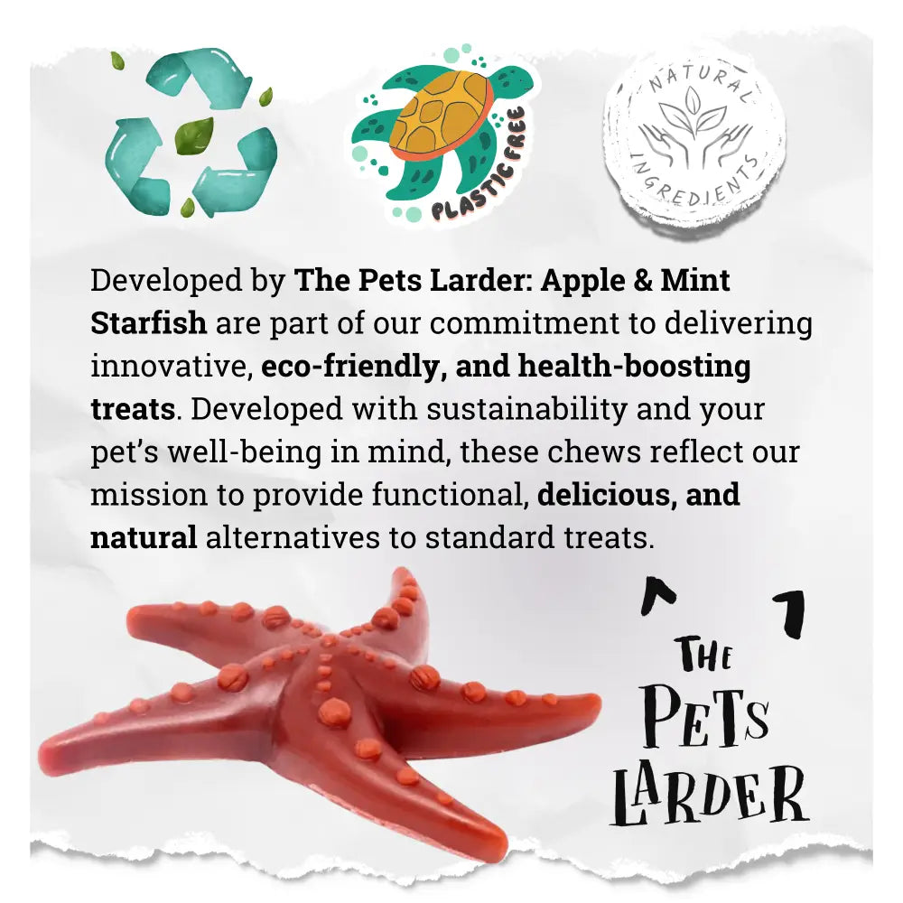 Red starfish-shaped treat with 'The Pets Larder' branding and sustainability icons on a white background.