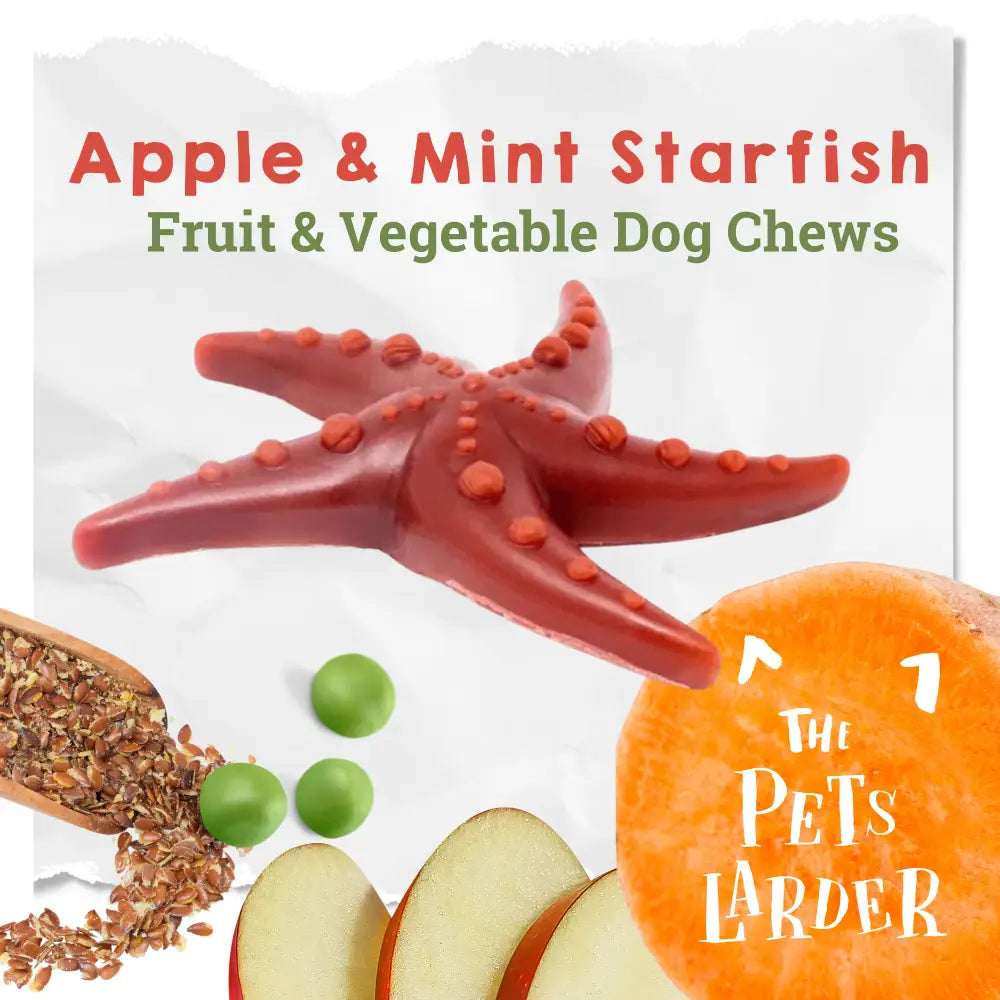 Starfish-shaped fruit and vegetable dog chew with ingredients and 'The Pet's Larder' branding.