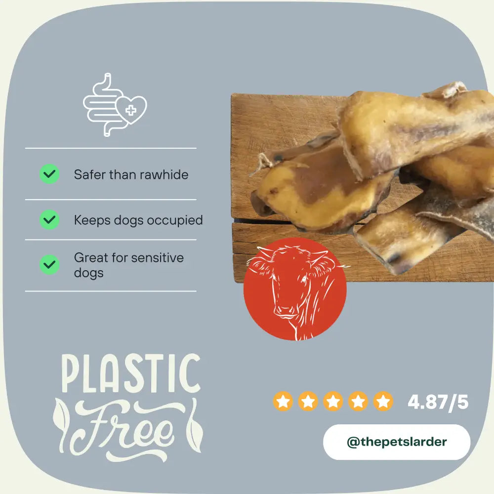 Dog chews on a wooden board with benefits listed on a gray background, featuring the brand 'The Pet's Larder'.