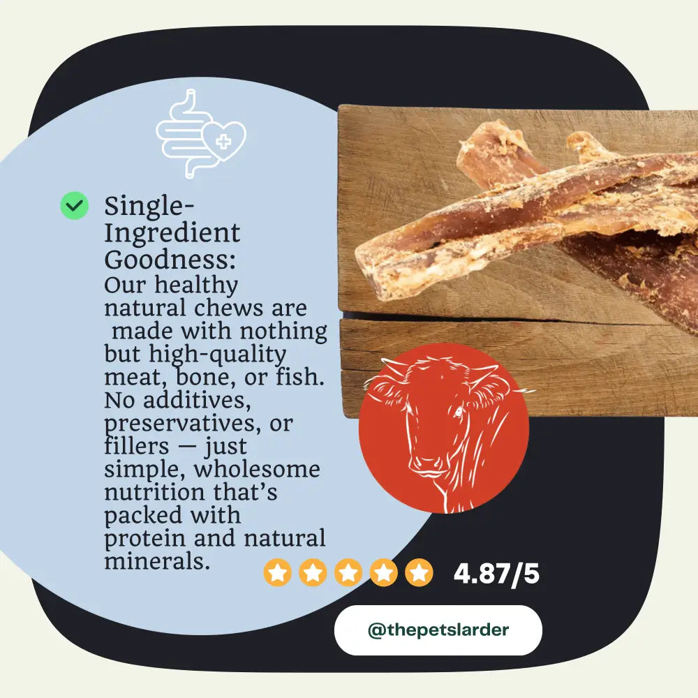 Dog chews on a wooden board with text about single-ingredient goodness and product rating.