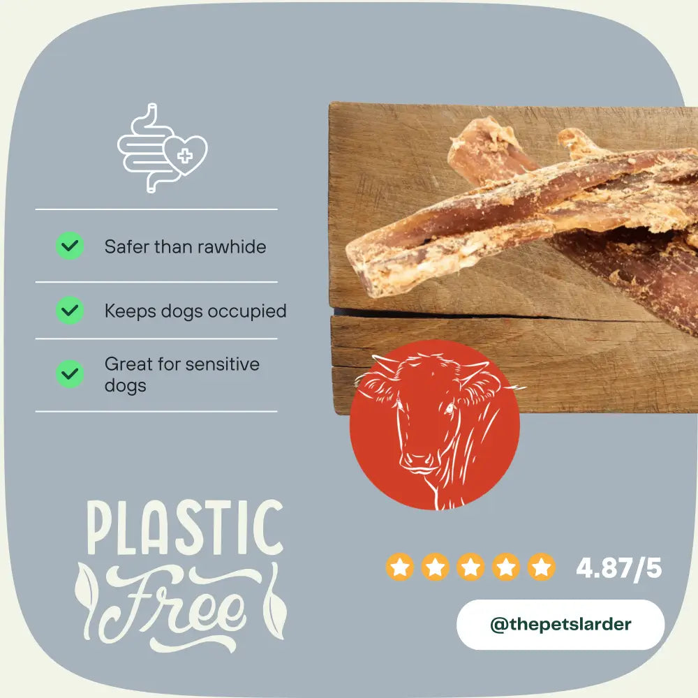 Dog chews on a wooden board with safety benefits listed and a plastic-free label.