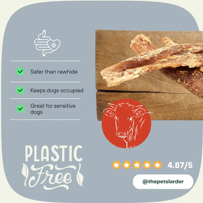 Dog chews on a wooden board with safety benefits listed and a plastic-free label.