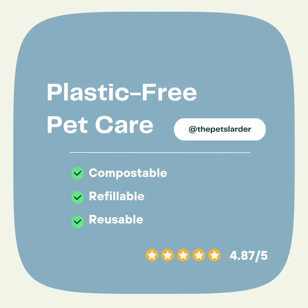Promotional graphic for plastic-free pet care with compostable, refillable, and reusable features on a blue background.