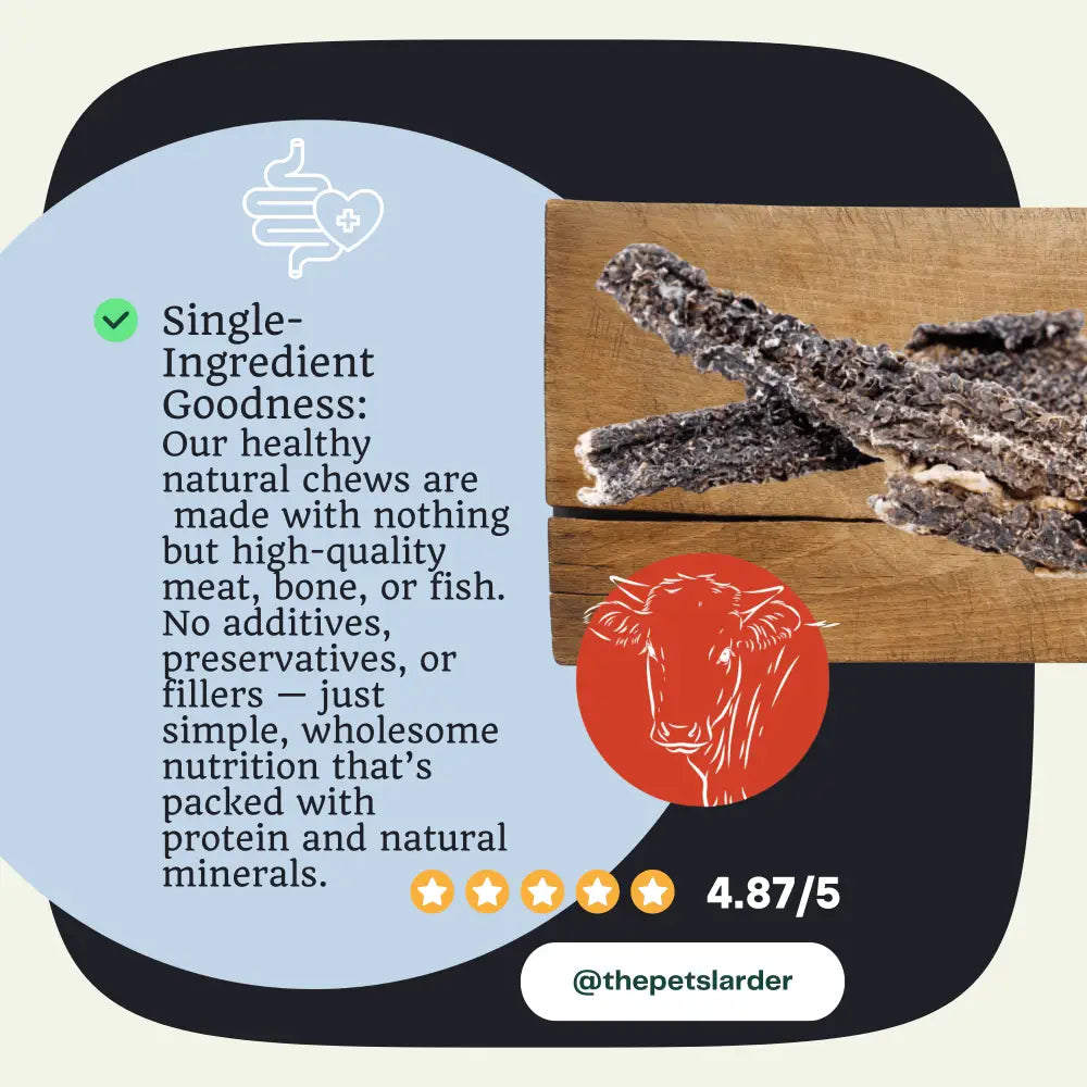 Dog chews on a wooden board with text about single-ingredient goodness and product rating.
